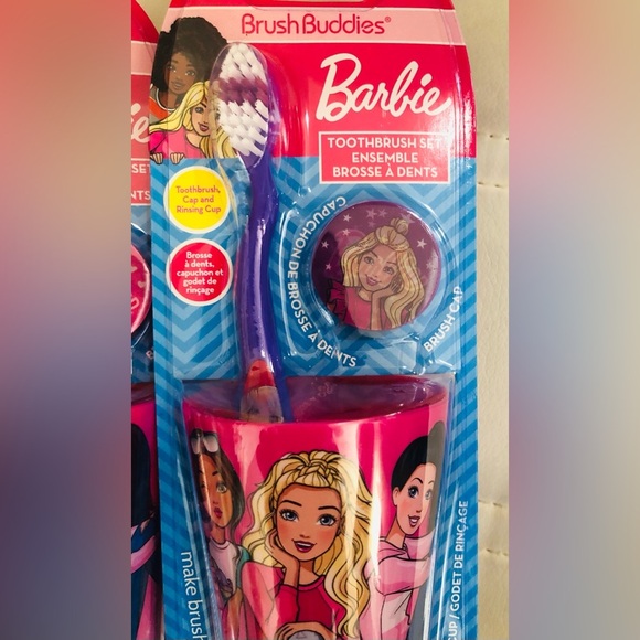 Barbie 3pc brush buddies soft ergonomic toothbrush cap and rinsing cup set new - Picture 10 of 14